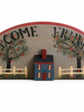 Primitive “Welcome Friends” Farmhouse Wall Decor| Folk Art Apple Orchard Sign